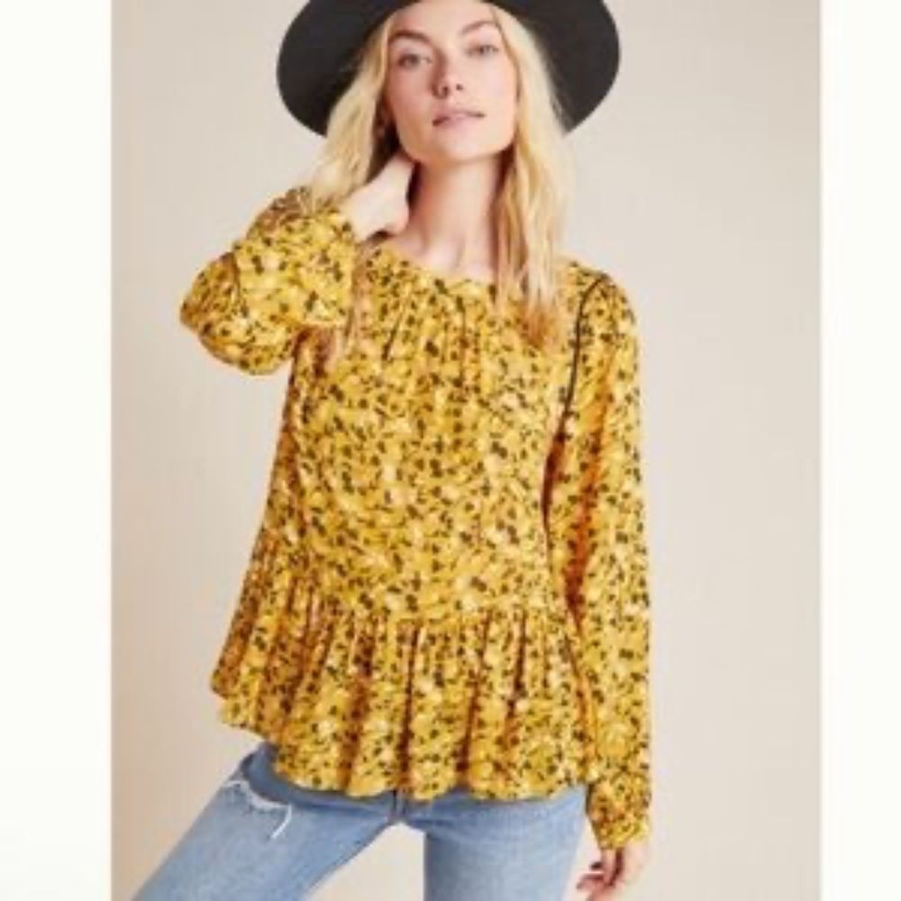 Anthropologie Maeve Cheyenne Women's Yellow Gold Floral Peplum Blouse Sz M